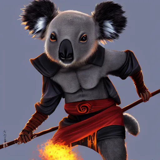 Image similar to an elegant demon koala dressed in a smart black shinobi outfit with naruto band, digital art by łukasz piskorz and patrick mcenvoy and michael komarck, intricate, highly detailed, artstation, concept art, smooth, sharp focus