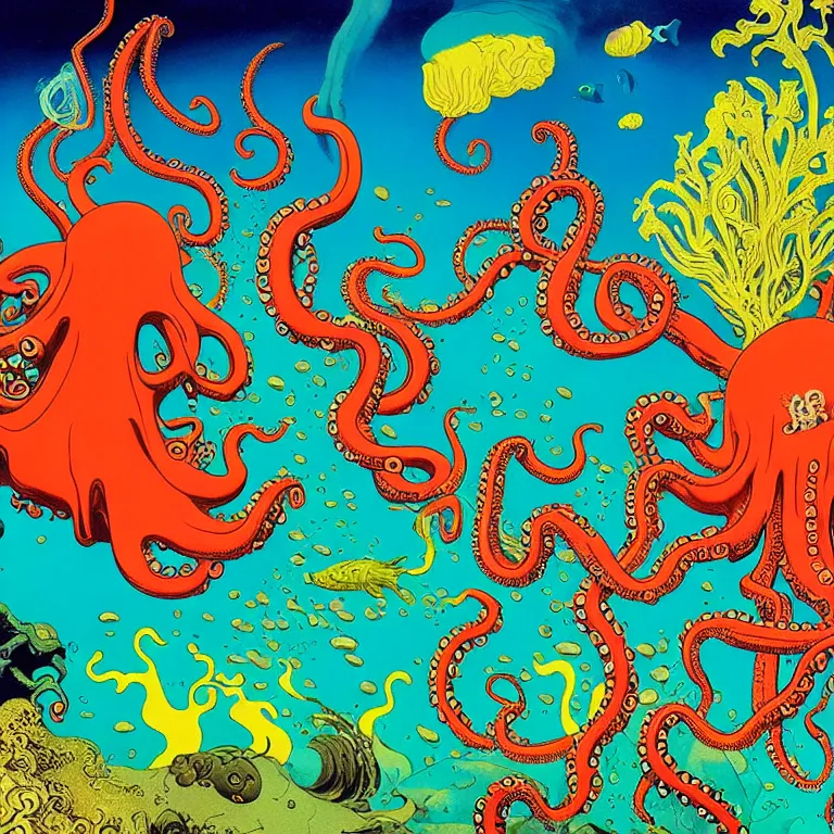 Image similar to volcanoes under the sea, octopus gripping submarine, bright neon colors, highly detailed, high resolution, cinematic, eyvind earle, tim white, philippe druillet, roger dean, lisa frank, aubrey beardsley, hiroo isono, ernst haeckel