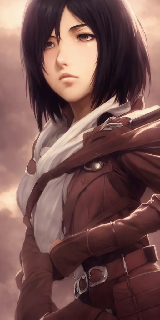 Image similar to mikasa ackerman, hero pose, medium shot, bokeh, beautiful face!!!!, 2 7 years old, cg animation, lifelike, animated, realistic, character select portrait, by artgerm, greg rutkowski, alphonse mucha, 3 d