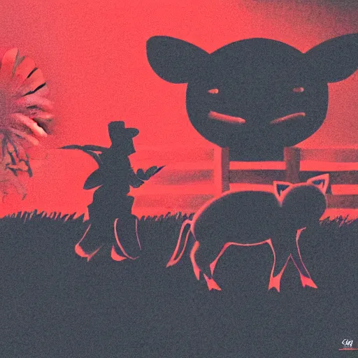 Prompt: a shadow man with a red glowy eyes fighting a big piglet the background is a japanese forest