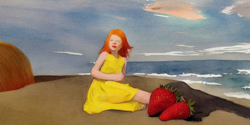 Prompt: girl with strawberry blonde hair wearing a yellow sundress sitting on a beach by the ocean, sunset, god rays, big clouds, watercolor and pencil, pastel colors, edward hopper, andrew wyeth