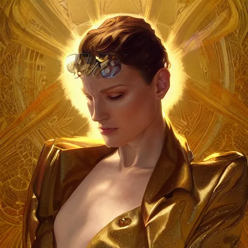 Image similar to Sandman with a gold suit, portrait, intricate, elegant, highly detailed, digital painting, artstation, concept art, smooth, sharp focus, illustration, art by artgerm and greg rutkowski and alphonse mucha