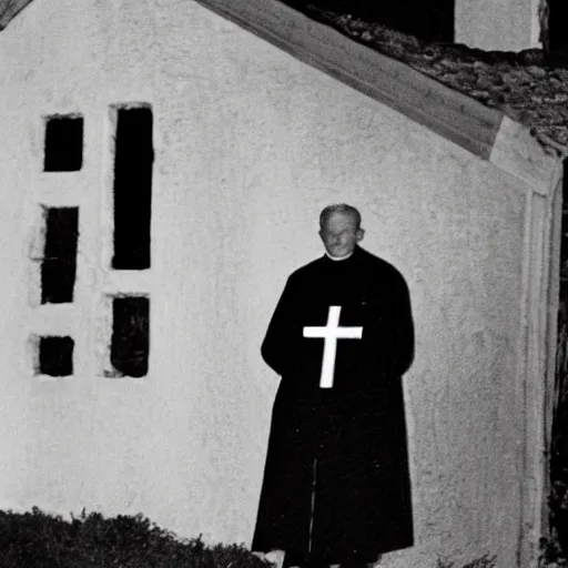 Prompt: photograph of john paul ii standing outside the entrance to a small burning church with a cross on its roof, night, black