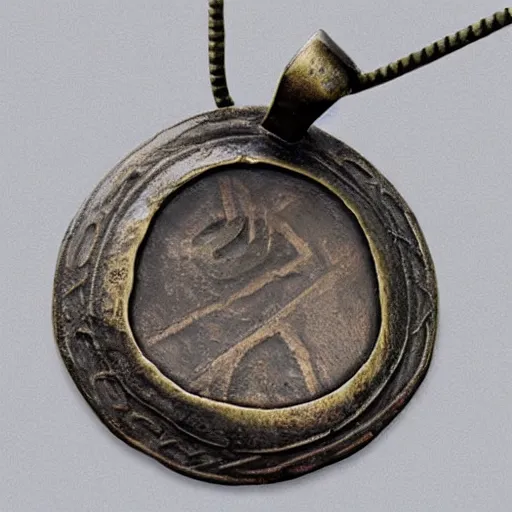 Prompt: “Old original viking age bronze pendant, found from a burial site, detailed studio photograph”