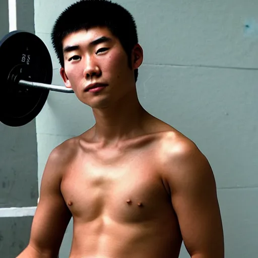 Prompt: A young Japanese man in his 20s shirtless with a big pregnant belly lifting weights, photographed by Steve McCurry