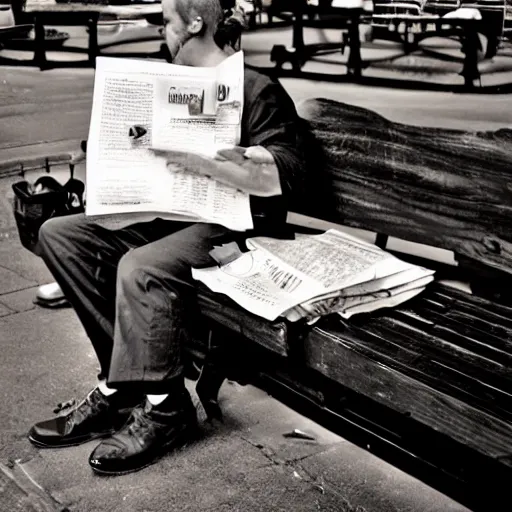 Prompt: A saxophonist played all night over the bag in the black arch. The drunkard was sleeping on a park bench, laying a newspaper sheet. Photo. Good quality.