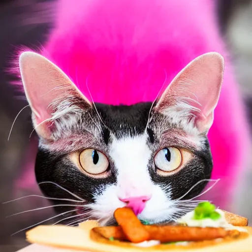 Prompt: photo of a pink cat with pink fur, eating a hamburger, biting a hamburger