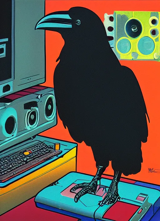 Image similar to a raven digging through 8 0 s era technology, vintage shapes, retro technology, happy color, wayne barlow, oil on canvas, deep depth of field, masterpiece, cinematic composition, hyperdetailed