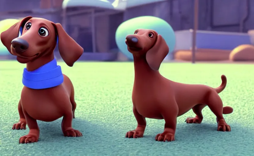 Image similar to happy dachshund catching a ball, cgi, 3 d animation, pixar