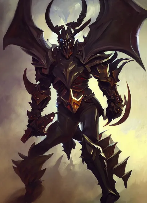 Image similar to Greg Manchess portrait painting of a demonic, devil armored character from league of legends, full shot, asymmetrical, profile picture, Organic Painting, sunny day, Matte Painting, bold shapes, hard edges, street art, cybernetic, metalic, robotic, trending on artstation, by Huang Guangjian and Gil Elvgren and Sachin Teng