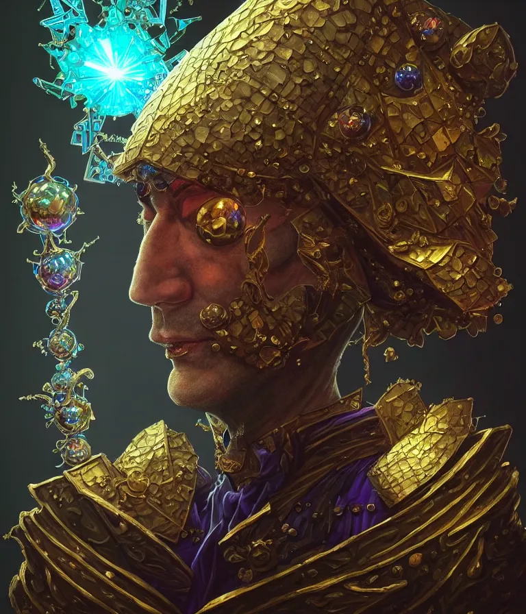 Image similar to front!!! shot of a court jester!!! character, mesmerizing fractal hypercubes, bismuth, dark holography!!!, future, metallic galactic, crystalline edges, polygonal, elegant, highly detailed, centered, (((artstation, concept art, jagged, sharp focus, artgerm, Tomasz Alen Kopera, Peter Mohrbacher, donato giancola, Joseph Christian Leyendecker, WLOP, Boris Vallejo))), ((raytracing)), mugshot!!!!!, ugly!!!!!!, octane render, nvidia raytracing demo, octane render, nvidia raytracing demo, octane render, nvidia raytracing demo, 8K