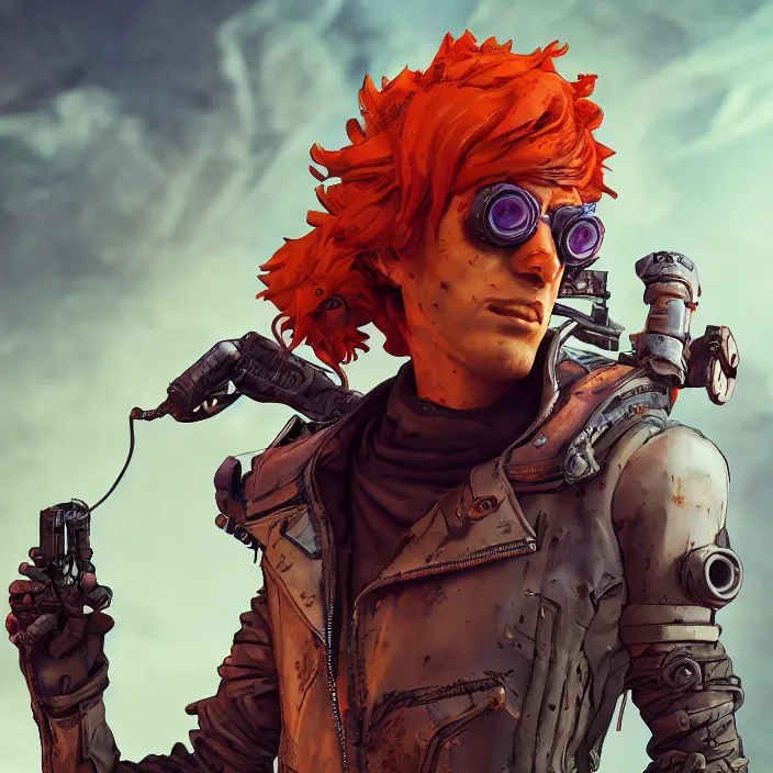 Image similar to cyberpunk portrait of curly orange hair man from borderlands 3, au naturel, hyper detailed, digital art, trending in artstation, cinematic lighting, studio quality, smooth render, unreal engine 5 rendered, octane rendered, art style by klimt and nixeu and ian sprigger and wlop and krenz cushart.