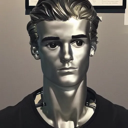 Image similar to “ a realistic detailed photo of a guy who is an attractive humanoid who is half robot and half humanoid, who is a male android, soccer player antoine griezmann, shiny skin, posing like a statue, blank stare, at the museum, on display ”