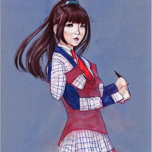 Image similar to a perfect, realistic professional digital sketch of a Japanese schoolgirl in style of Marvel, full length, by pen and watercolor, by a professional American senior artist on ArtStation, a hollywood-style sketch, on high-quality paper