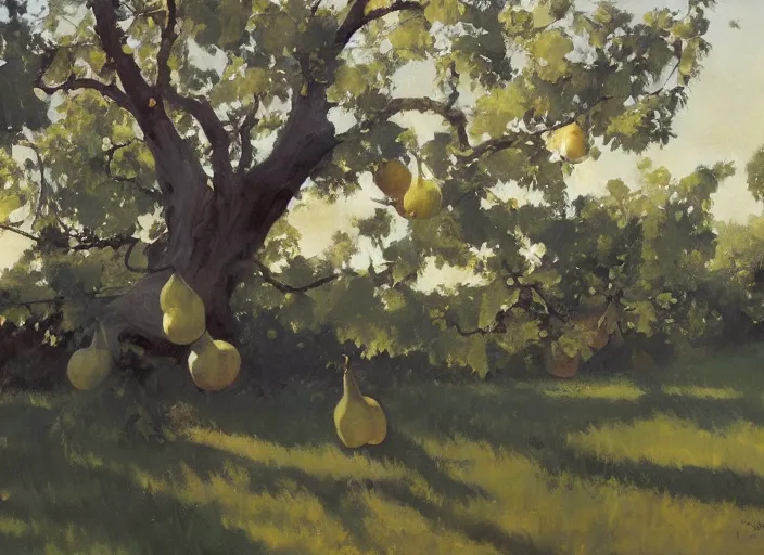 Image similar to oil painting of translucent pears on tree by greg manchess, backlit leaves by anders zorn, landscape by greg rutkowski