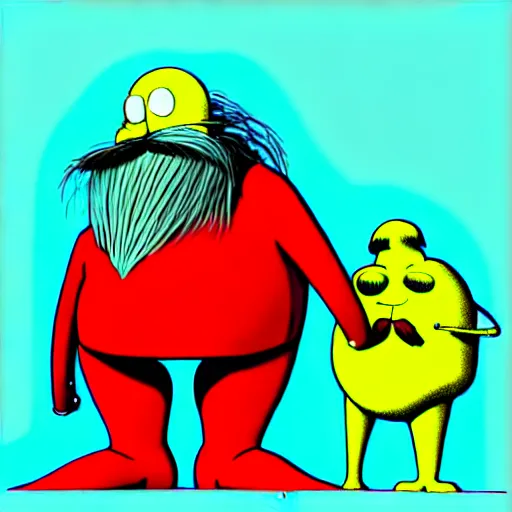 Prompt: professional illustration of dr. robotnik standing over the lorax, the lorax is llaying down and making a longing face, blushing, digital drawing, black outlines, dark lighting, a moonlight glow is coming from a window