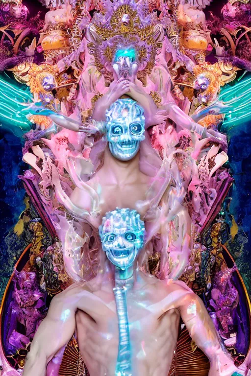 Prompt: photo of full-body rococo and cyberpunk delicate neon crystalline sculpture of ((handsome muscular albino prince Harry Styles)) as an onyx humanoid deity wearing ((peach plastic hooded cloak)) (holding an onyx skull) in a onyx aztec temple, reclining, glowing blue face, crown of (pink lasers), large blue diamonds, swirling black silk fabric. futuristic elements. oozing glowing liquid, full-length view. space robots. intricate artwork by caravaggio. Trending on artstation, octane render, cinematic lighting from the right, hyper realism, photorealistic, octane render, 8k, depth of field, 3D