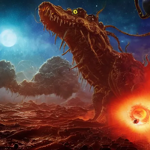 Prompt: one eldritch horror bloody garfield in space, galaxy, hd, 8 k, explosions, gunfire, lasers, giant, epic, realistic photo, unreal engine, stars, prophecy, powerful, cinematic lighting, destroyed planet, debris, movie poster, violent, sinister, ray tracing, dynamic, print, epic composition, dark, lasagna, horrific