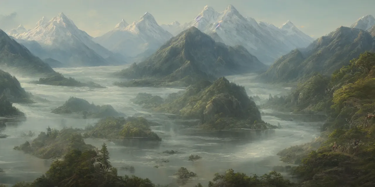 Prompt: a beautiful painting of a scene about a panorama of rivers and mountains, by james jean and yuumei and wang ximeng, trending on artstation., ultrawide viewn and highly detailed matte painting