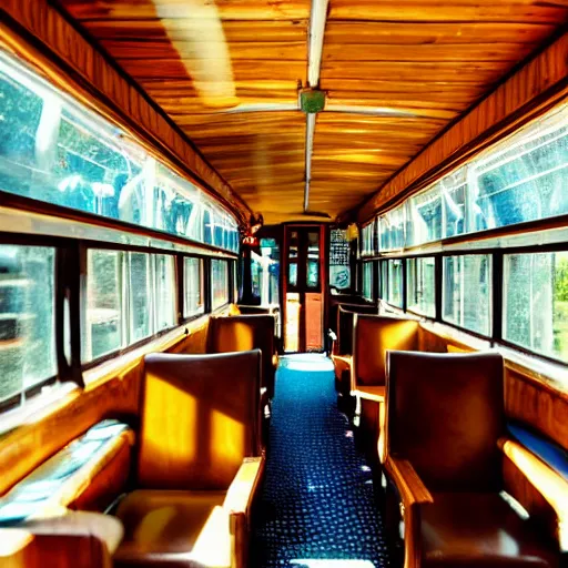 Prompt: photograph of cozy private diner train car, plush chairs, god rays through windows, rich wooden table, potted plants, warm light, wide angle