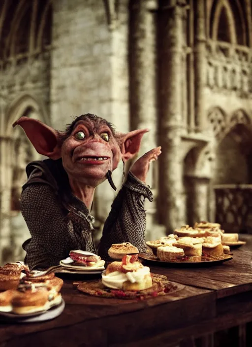 Image similar to closeup portrait of a medieval goblin eating cakes in the abbey, depth of field, zeiss lens, detailed, symmetrical, centered, fashion photoshoot, by annie leibovitz and steve mccurry, david lazar, jimmy nelsson, breathtaking, 8 k resolution, extremely detailed, beautiful, establishing shot, artistic, hyperrealistic, beautiful face, octane render