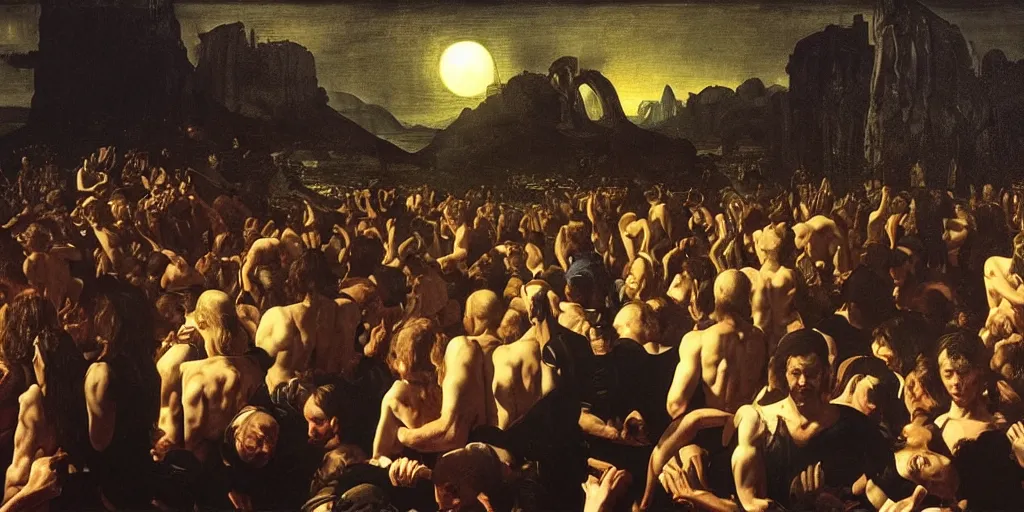 Image similar to huge crowd of unruly people enjoying dark ritual music, high detail baroque oil painting, golden ratio, volumetric light, godrays, terrifying geometry, alan lee, caravaggio, michelangelo