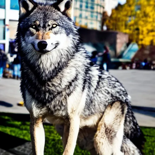 Prompt: portrait of a wolf fursuiter at a furry convention, outdoors in the city, realisitc photo