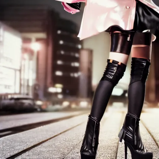 Image similar to a dynamic, epic cinematic 8K HD movie shot of a japanese beautiful cute young J-Pop idol actress yakuza rock star girl wearing leather jacket, miniskirt, nylon tights, high heels boots, gloves and jewelry. Motion, VFX, Inspirational arthouse, at Behance