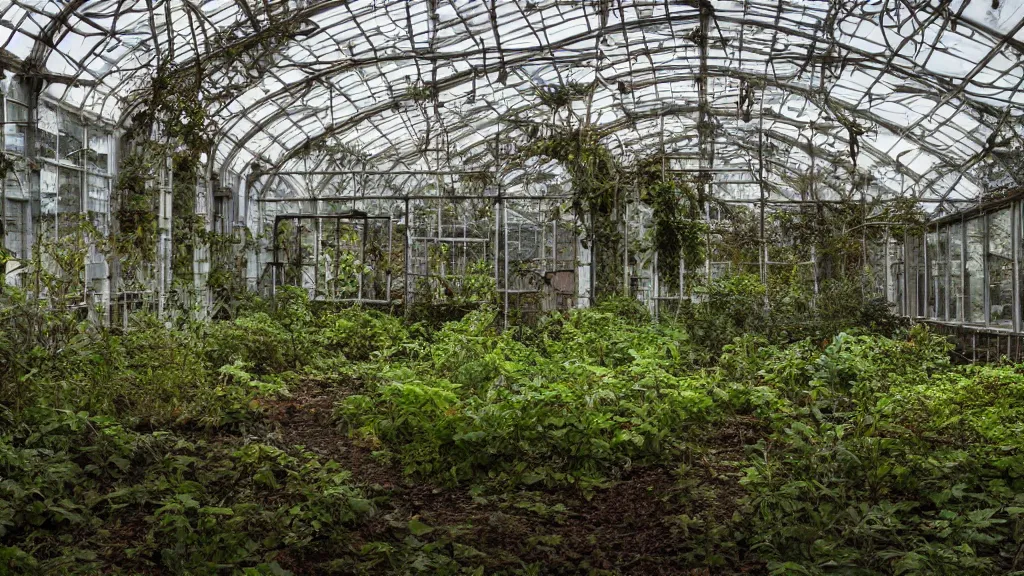 Prompt: exploring an abandoned overgrown greenhouse, at night with full moon, hyperrealistic, ambient lighting highly detailed, 4 k hd