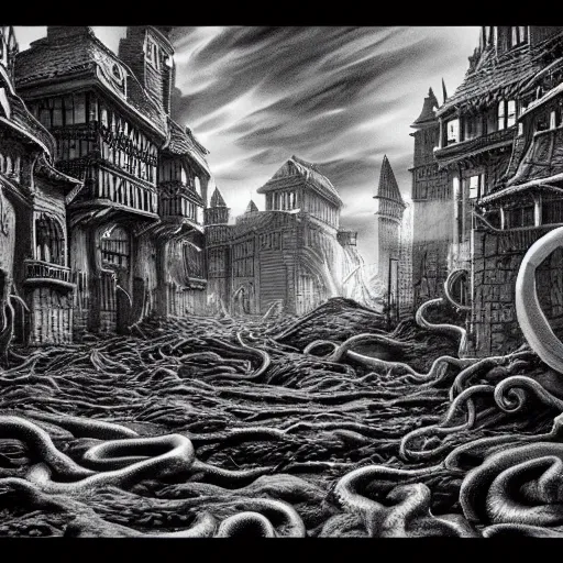 Prompt: kraken destroys a medieval town in the style of kentaro miura, 4 k, 8 k, absolute detailing of even the smallest details and particles, beautiful shadows, beautiful art, black and white drawing