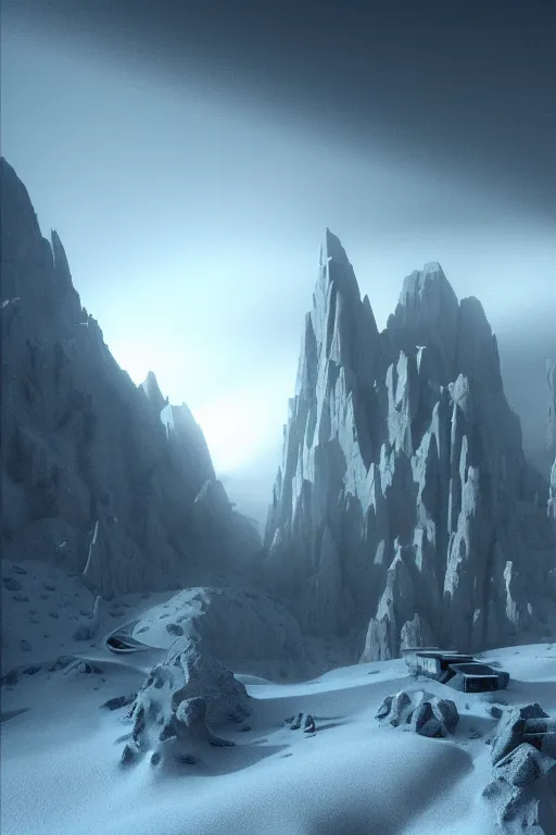 Prompt: futuristic atmosphere in the snowy mountains dolomites 3 d concept art, cinematic lighting, bladerunner scene, intricate details, building by zaha hadid, stormy weather, emissary space by arthur haas and bruce pennington and john schoenherr, cinematic matte painting, dark moody monochrome colors, trending on artstation, featured on behance