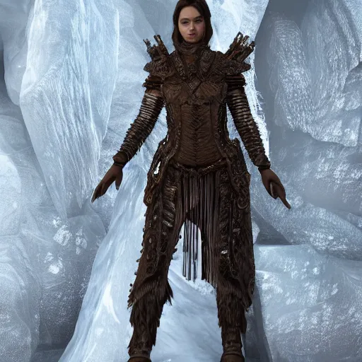 Image similar to a regal brown woman wearing an intricate and detailed armor made of ice. ice caves. glaciers. dramatic shadows. reflections. volumetric lighting. textures. delicate. translucent. studio portrait. photorealistic. octane render