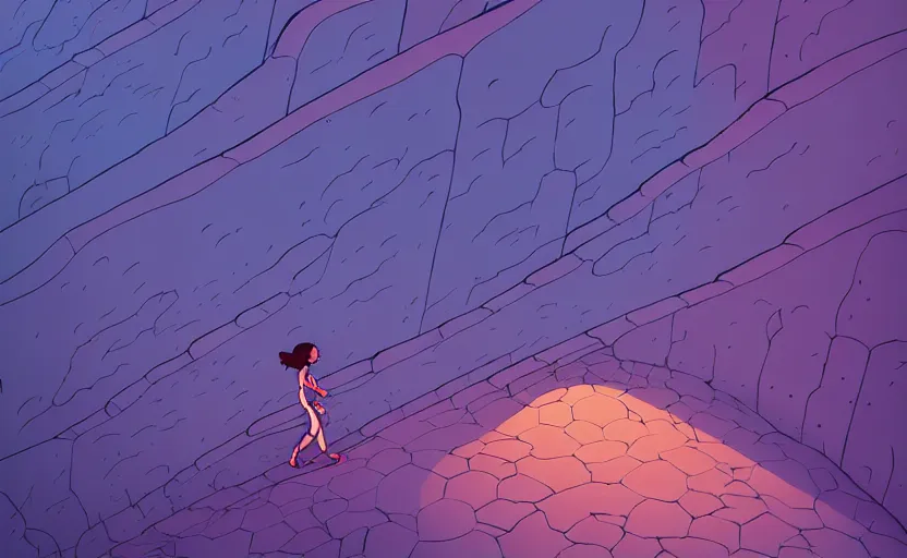 Image similar to natural cave wall, girl walking, dynamic light, some rocks on the ground, thin layer of mist low over ground, illustration by josan gonzales and moebius, clean thick line, comics style, studio muti, malika favre, rhads, makoto