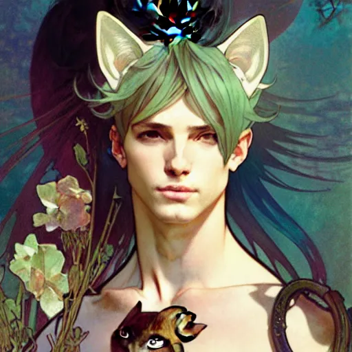 Prompt: Portrait of a pretty fantasy catboy with cat ears. Art by Greg Rutkowski and Alphonse Mucha