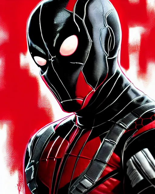 Prompt: highly detailed closeup portrait of a mutated venom symbiote in iron man suite suit with deadpool host, wearing black hoodie by atey ghailan, by greg rutkowski, by greg tocchini, by james gilleard, by joe fenton, by kaethe butcher, red, black, crimson and white color scheme, background is graffiti tag wall