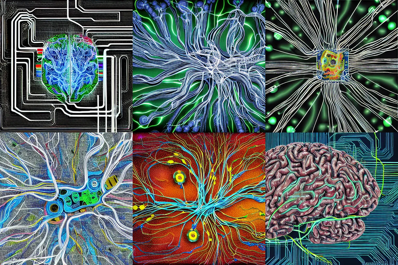 Prompt: integrated circuit, human brain, neurons and synapses, printed circuit board, wire bond, electrical signals, detailed, realistic, in style of digital painting