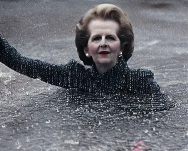 Image similar to margaret thatcher covered in rain wearing bikini, atmospheric moody hyper realistic award winning color cinematic still 8 k