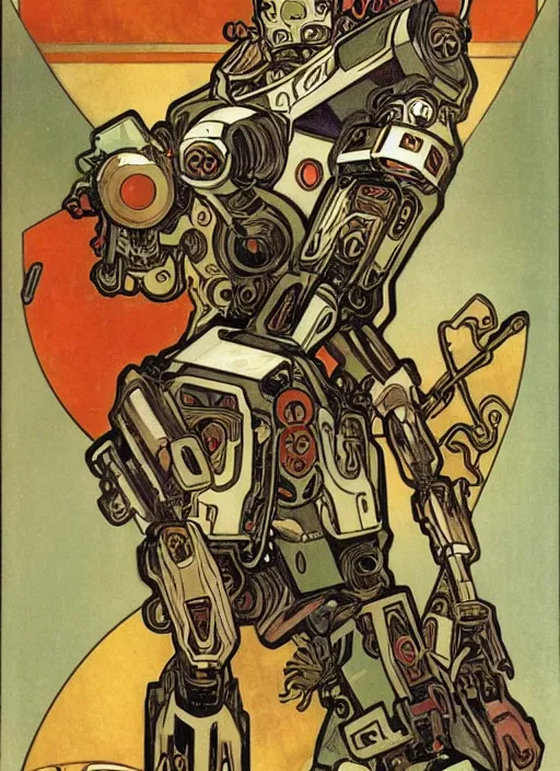 Image similar to mecha robot warrior by Alphonse Mucha