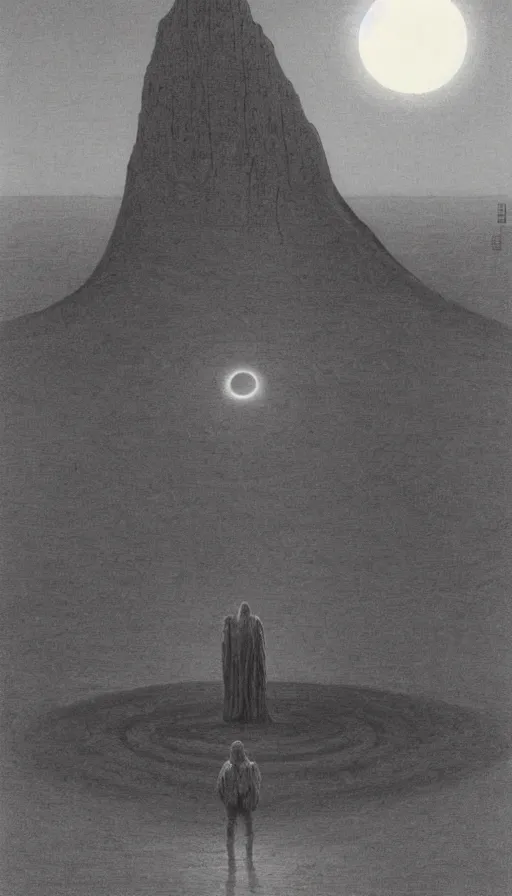 Image similar to the cult on the red moon shined desert, standing in the circle, screaming giant in the background by Zdzislaw beksinski