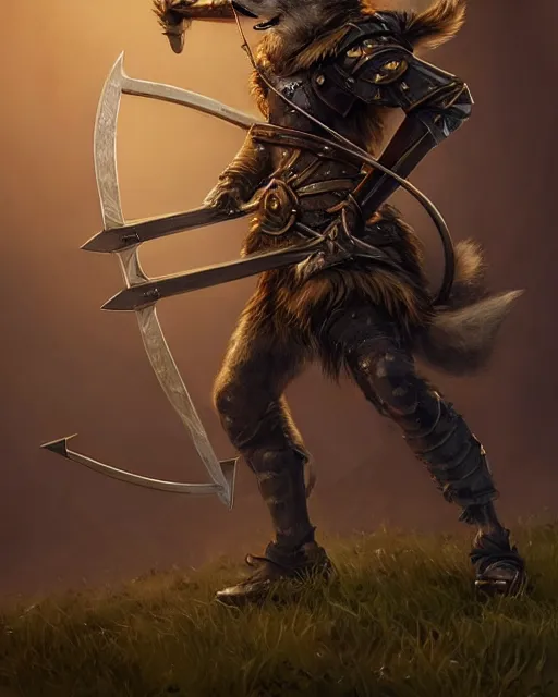 Prompt: closeup 2 8 mm anthropomorphic archer wolf using a crossbow in a castle, d & d, fantasy, intricate, action pose, particle effects, highly detailed, digital painting, artstation, concept art, matte, sharp focus, volumetric lighting, illustration, hearthstone, art by artgerm, wlop, craig mullins, alphonse mucha