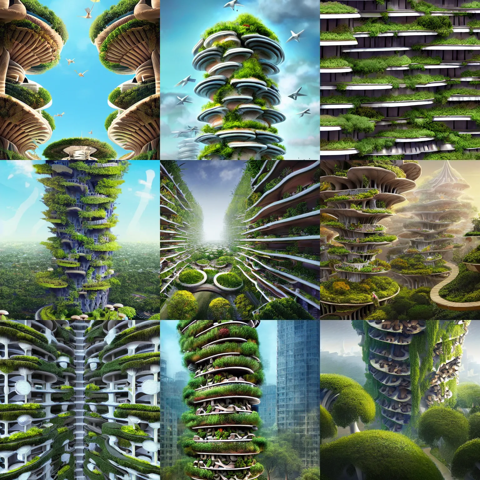 Prompt: matte painting of the bird's eye view of mushroom tower. garden balconies. ecofuturistic architecture. dynamic perspective. urban, detailed digital art trending in artstation