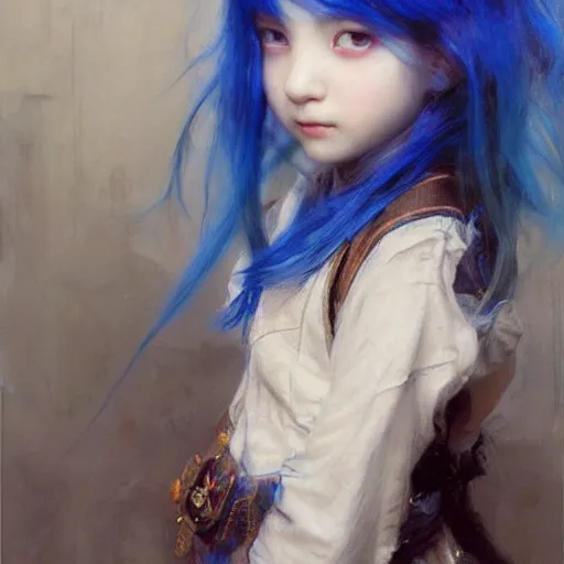 Image similar to little girl with blue hair. By Ruan Jia. Ayami Kojima. Masterpiece