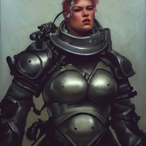 Prompt: portrait of heavy armoured zarya from overwatch in disco elysium, by alexander mcqueen, by roberto ferri, by tom bagshaw, by j. c. leyendecker and klimt, by austin osman spare, highly detailed oil painting, very intricate, cinematic lighting, award - winning, american romanticism, artstation, cgsociety, official art, octane