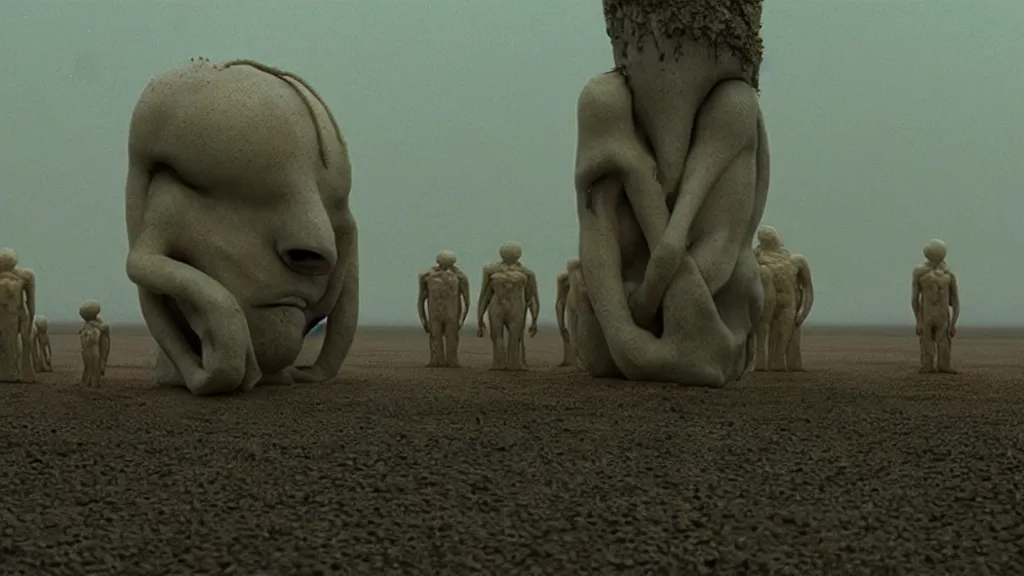 Image similar to the strange creature, made of milk and metal, we wait in line at the bank, film still from the movie directed by denis villeneuve and david cronenberg with art direction by salvador dali and zdzisław beksinski, wide lens