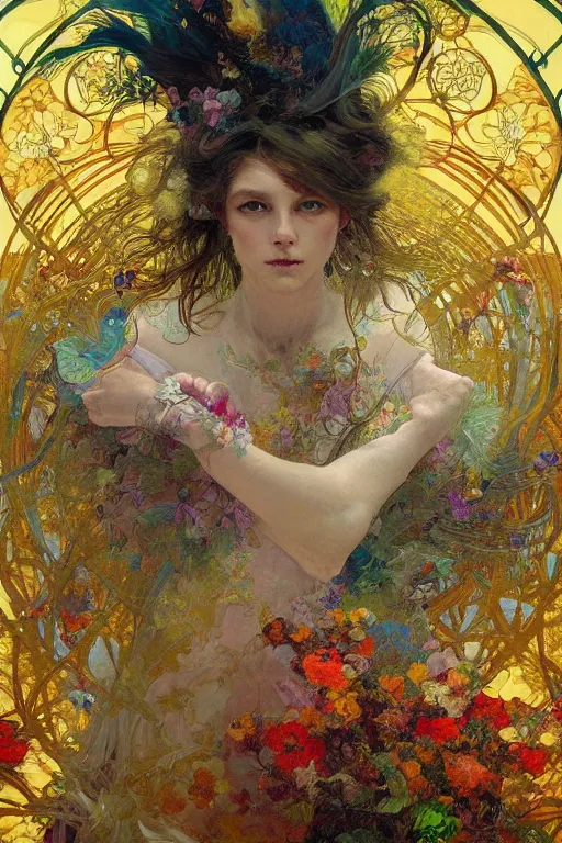 Prompt: a beautifull intricate painting of a disembodied soul wearing a feathered cloak surrounded by golden tendrils, flowers, butterflies, flying silk, vivid colors, artstation, by jeremy mann, by alphonse mucha,
