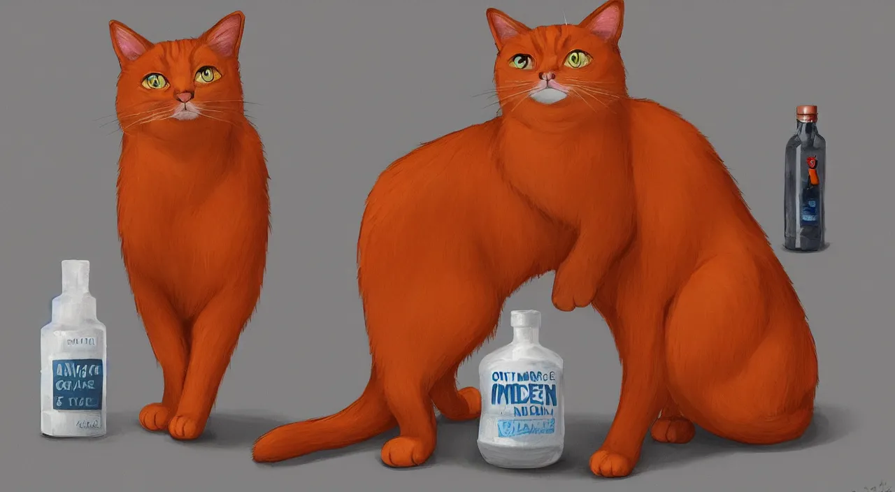 Prompt: a cat standing next to a bottle of medicine. orange cat. animal. digital art. artstation. illustration. devian art.