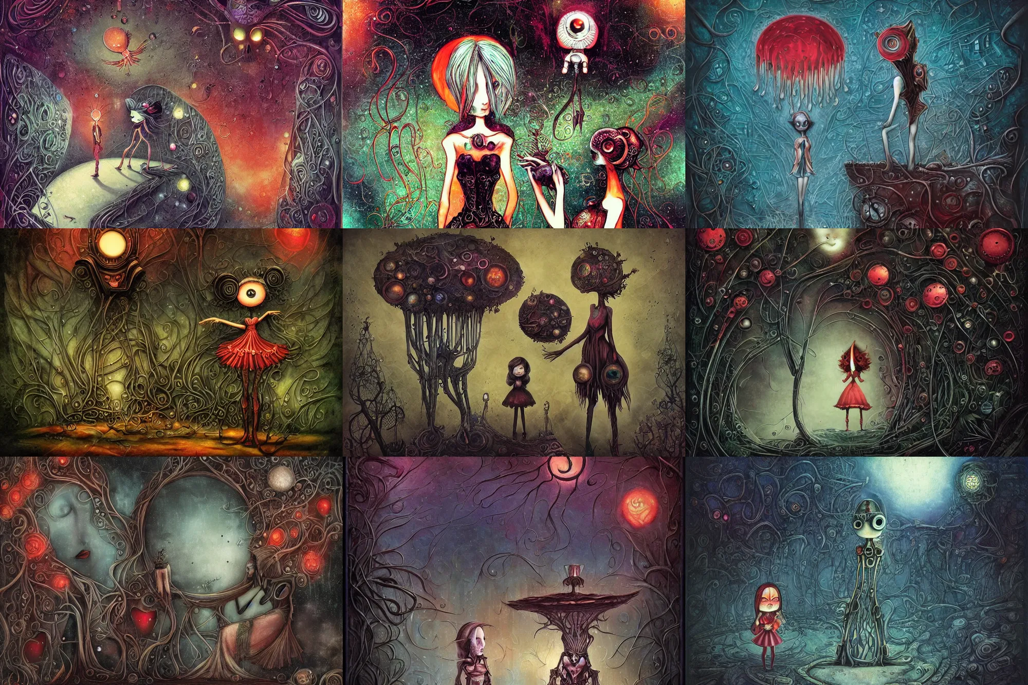 Prompt: Alice fails to get to the special garden, biomechanoid, sci-fi, dramatic, art style Megan Duncanson and Benjamin Lacombe, super details, dark dull colors, ornate background, mysterious, eerie, sinister
