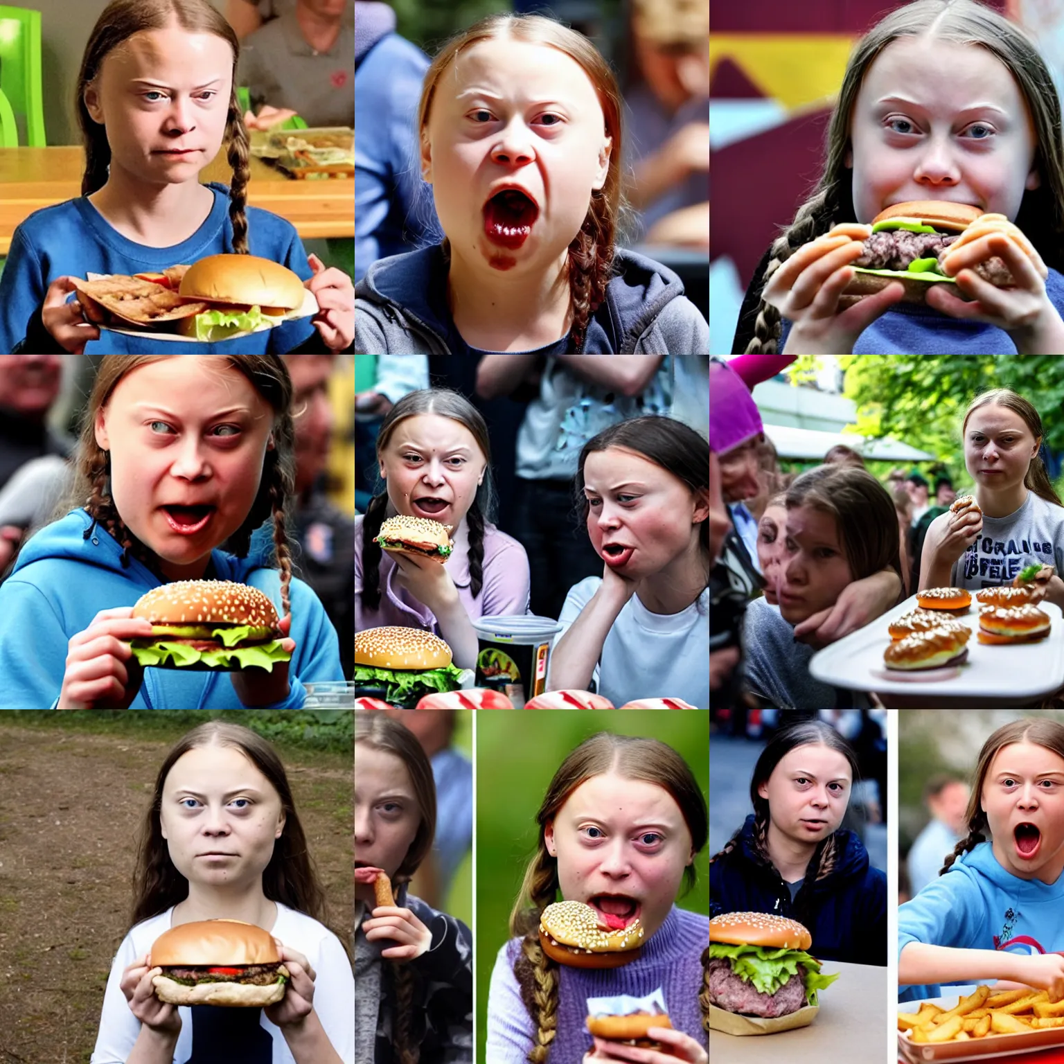 Prompt: greta thunberg eating 2 0 0 hamburgers, face with a orgasmic expression