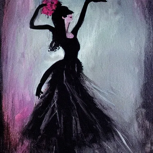 Image similar to “A beautiful painting of a gothic ballerina dancing on a dark stage”