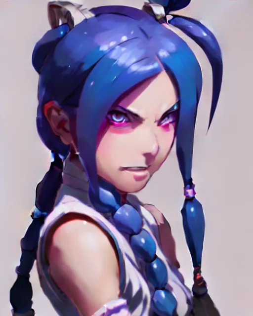 Prompt: jinx from league of legends, blue pigtails hair, detailed perfect face, exquisite details, fire magic, mid view, design on a white background, by studio muti, greg rutkowski makoto shinkai takashi takeuch studio ghibli